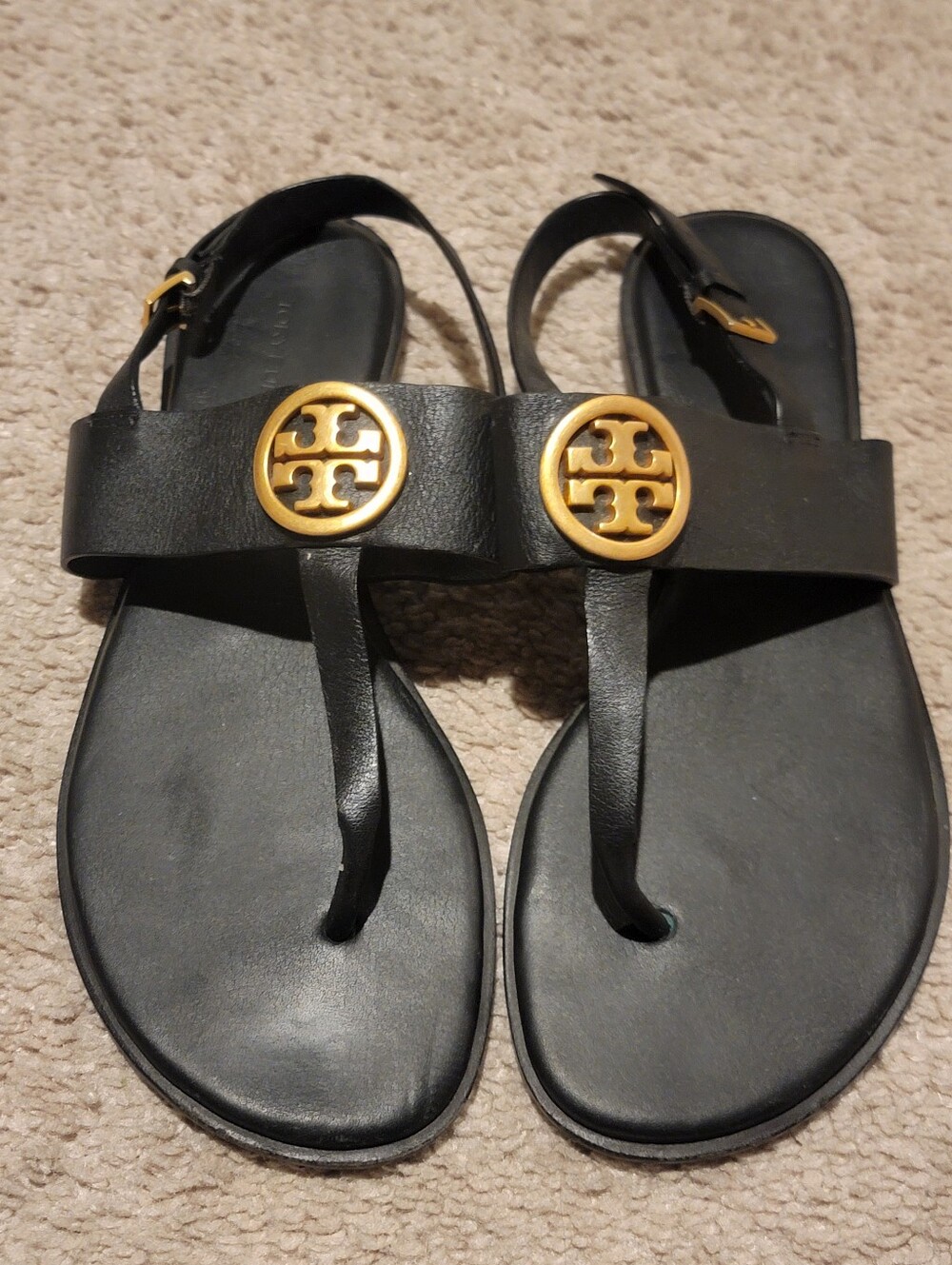 Tory Burch Benton 2 Flat Thong Sandal Calf Leather Black Size 7.5